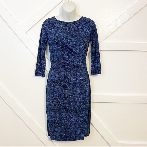 Talbots Speckled Side Scrunch Ruchwd 3/4 Sleeve Knee Length Dress Blue Sz P/S - Picture 1 of 8